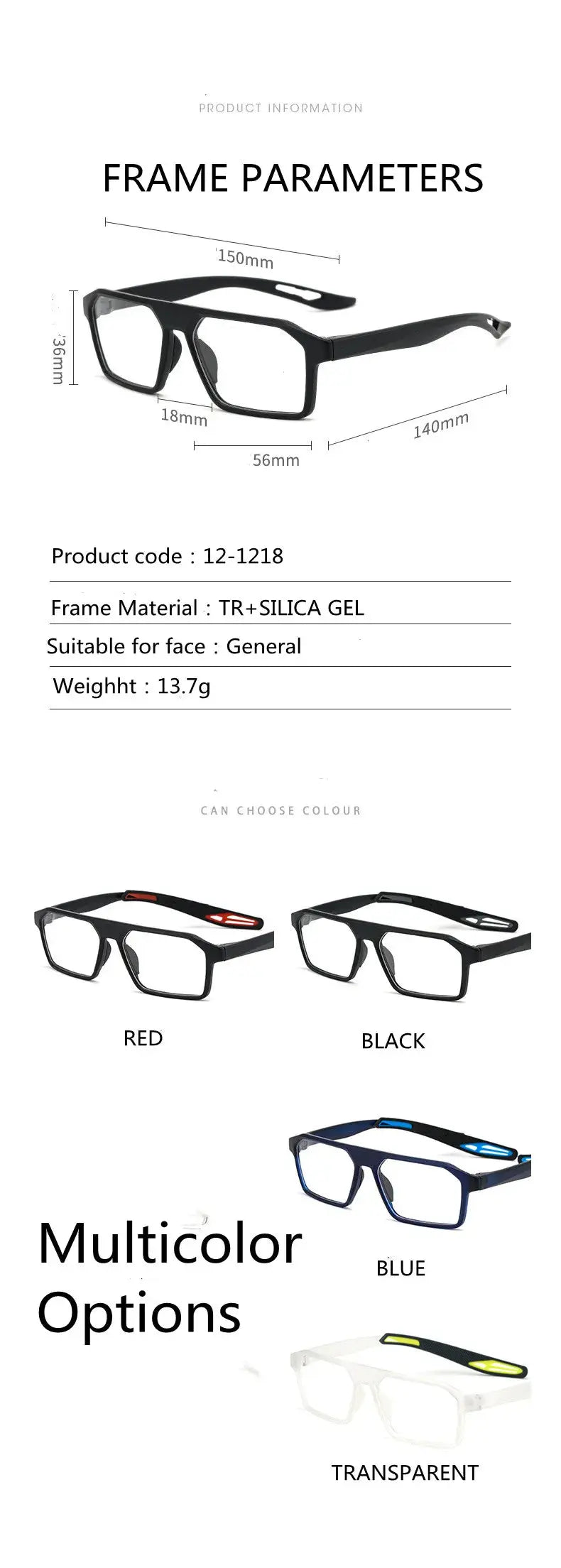Unisex Square Full Rim TR90 Sports Glasses 1218 — view 11 | Rx Spectacle