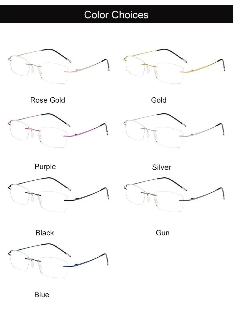 Unisex Rectangular Rimless Titanium Reading Glasses 8025 — view 16 | Rx Spectacle