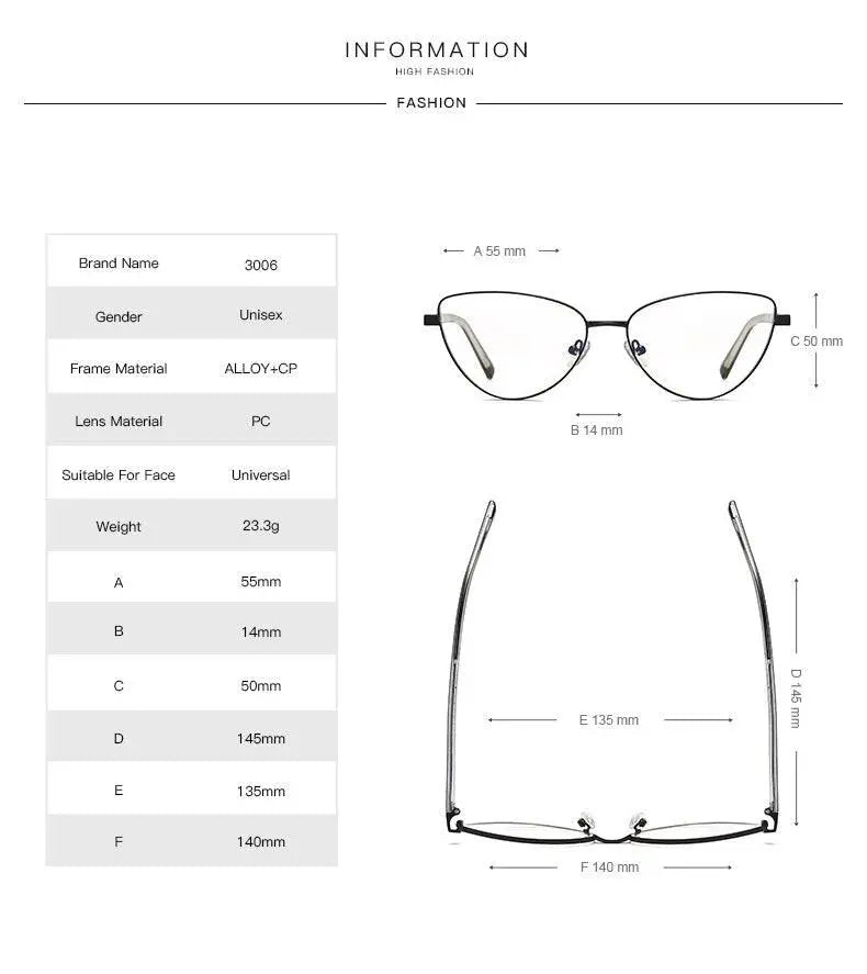 Women's Cat Eye Full Rim Alloy Prescription Glasses 3006 — view 18 | Rx Spectacle