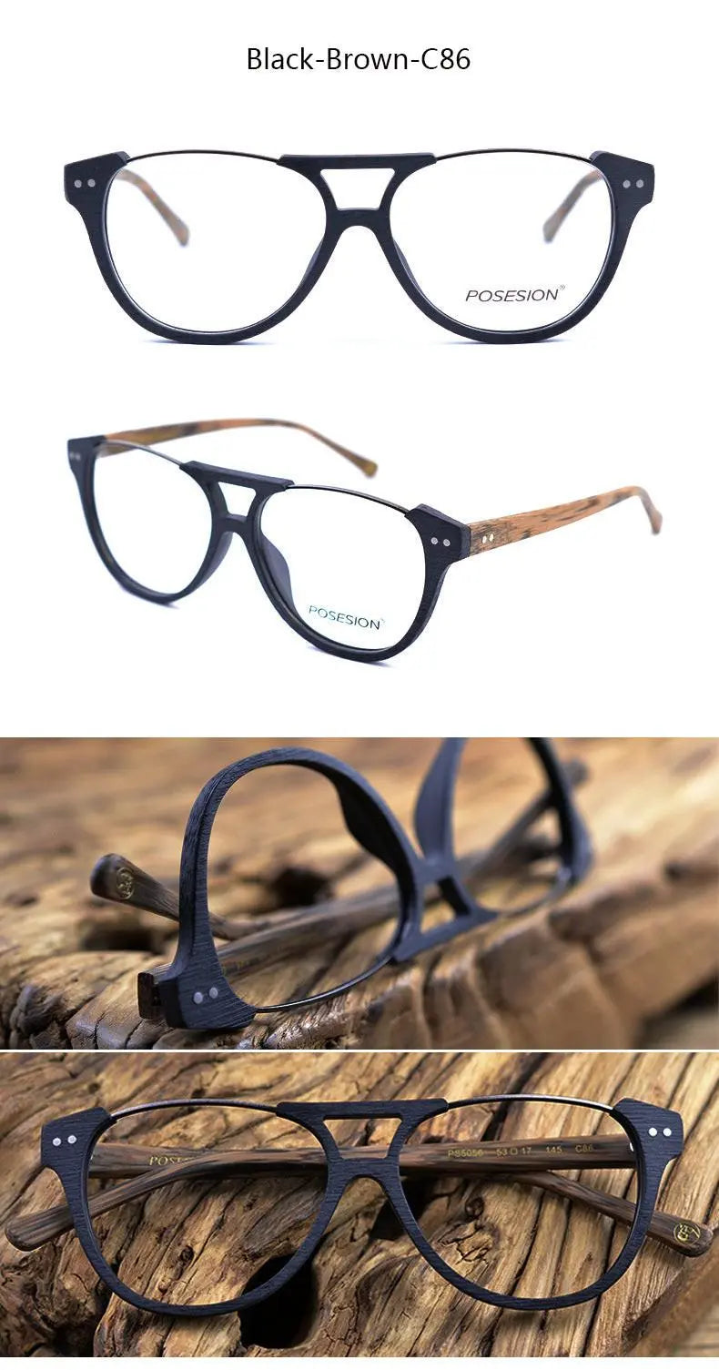 Unisex Round Full Rim Wood Double Bridge Prescription Glasses Ps5056 — view 12 | Rx Spectacle