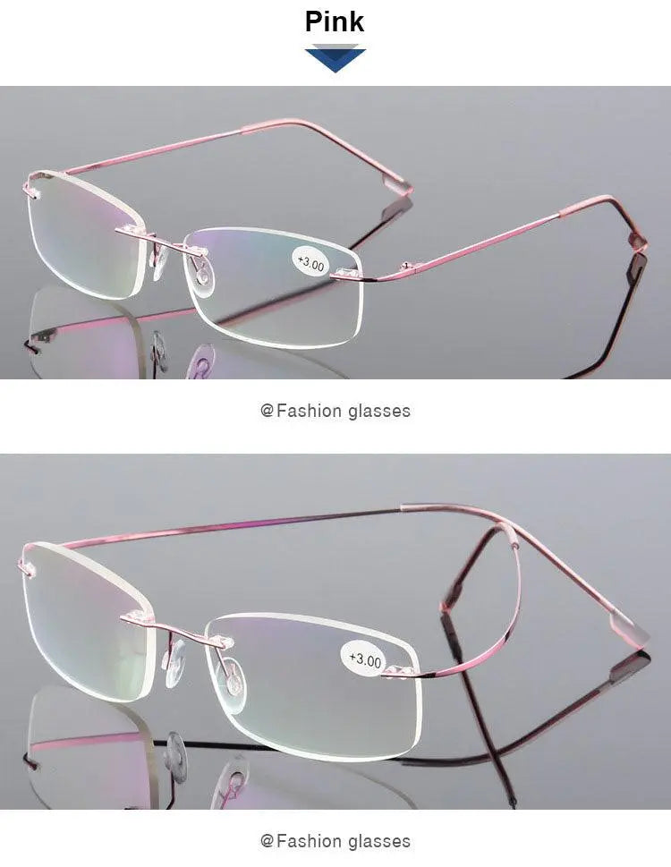 Unisex Rectangular Rimless Alloy Reading Glasses 2 — view 15 | Rx Spectacle