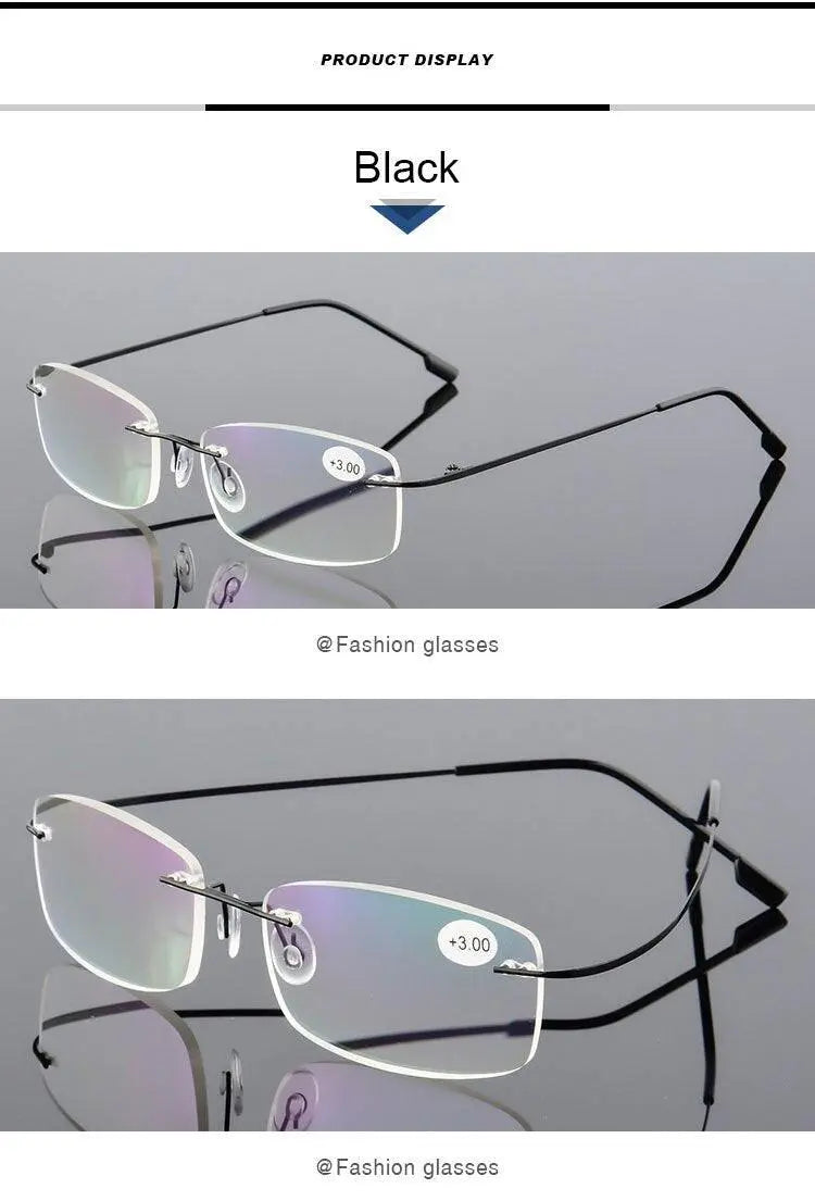 Unisex Rectangular Rimless Alloy Reading Glasses 2 — view 7 | Rx Spectacle