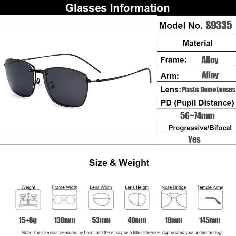 Men's Square Full Rim Titanium Clip-On Prescription Glasses S9335 — view 7 | Rx Spectacle