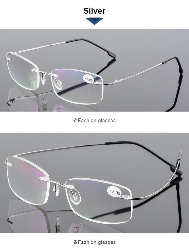 Unisex Rectangular Rimless Alloy Reading Glasses 2 — view 8 | Rx Spectacle