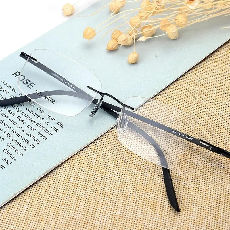 Unisex Rectangular Rimless Alloy Prescription Glasses Rw003 — view 1 | Rx Spectacle
