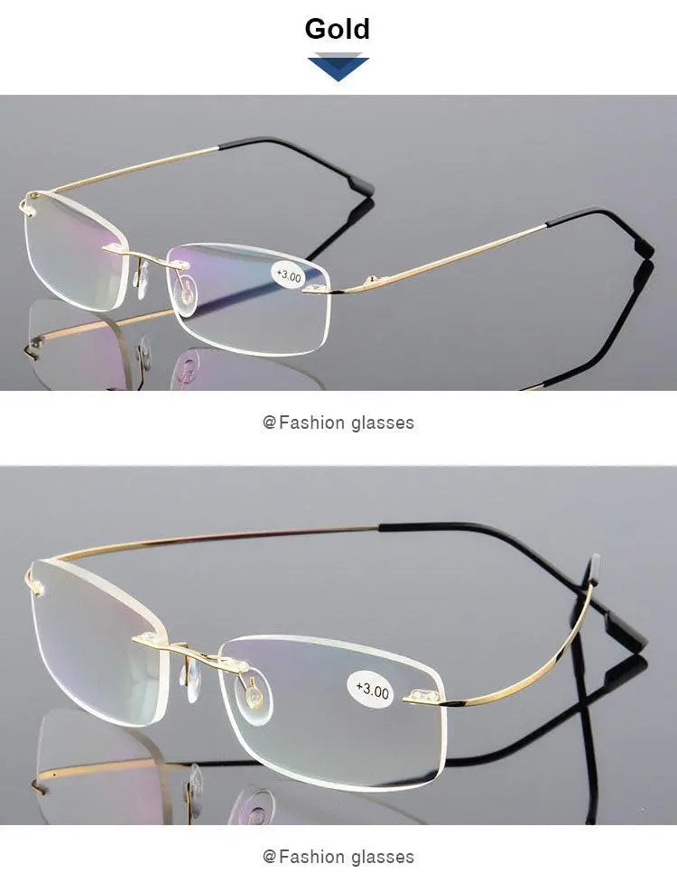 Unisex Rectangular Rimless Alloy Reading Glasses 1 — view 10 | Rx Spectacle