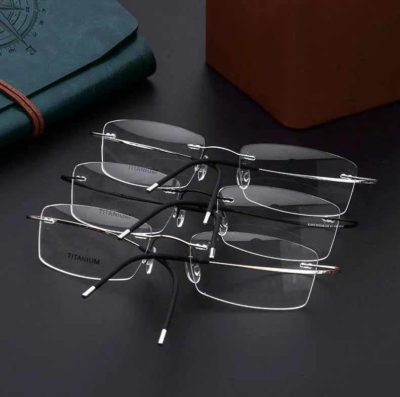Unisex Rimless Titanium Prescription Glasses E1055 — view 9 | Rx Spectacle
