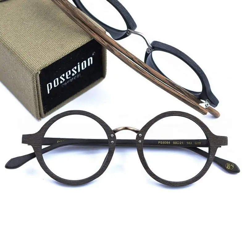 Men's Round Full Rim Wood Prescription Glasses Ps6084 — view 3 | Rx Spectacle