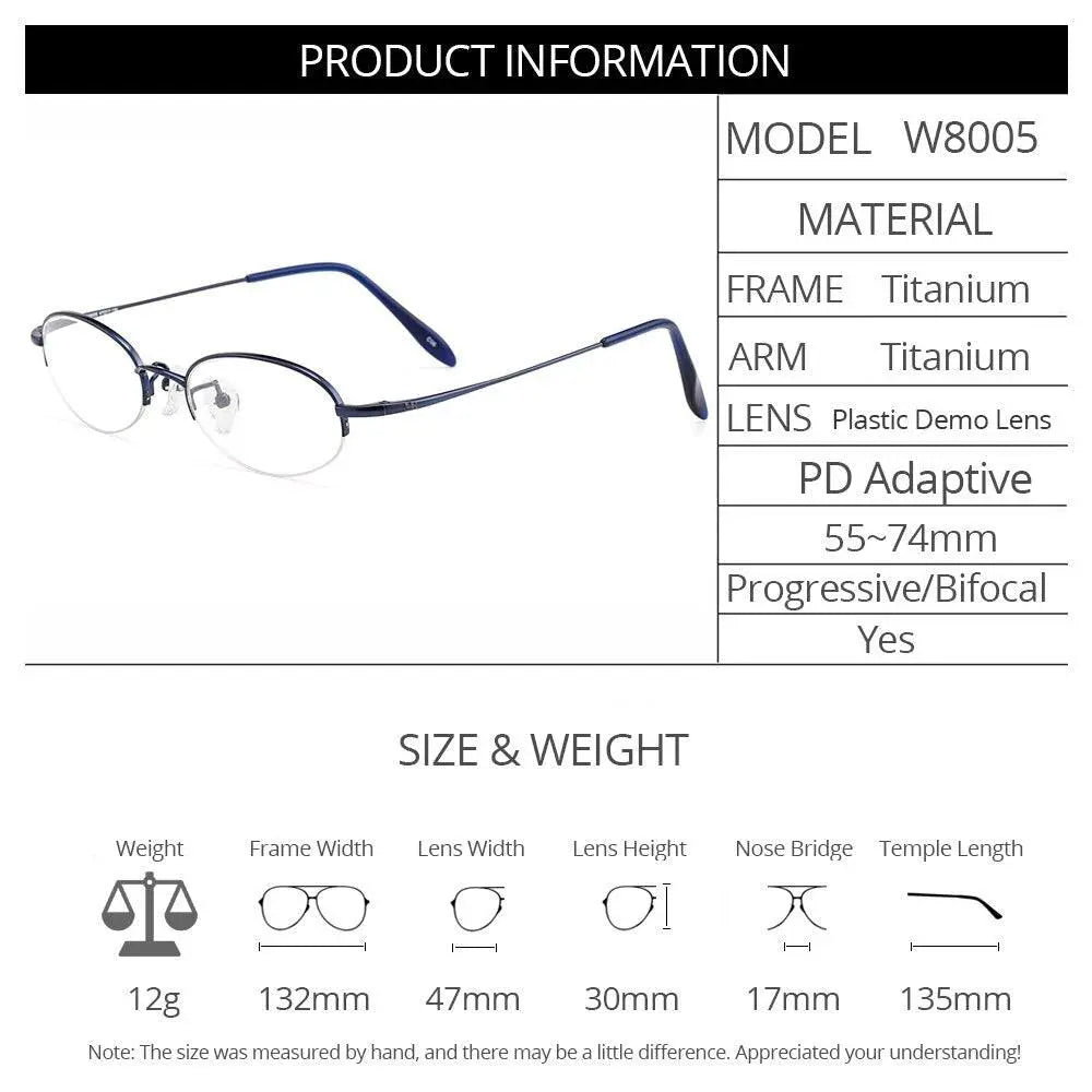 Women's Oval Semi-Rimless Titanium Prescription Glasses W8005 — view 6 | Rx Spectacle