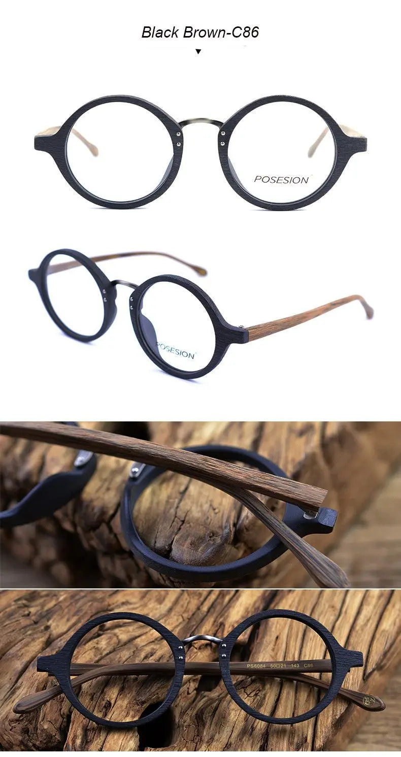 Men's Round Full Rim Wood Prescription Glasses Ps6084 — view 12 | Rx Spectacle