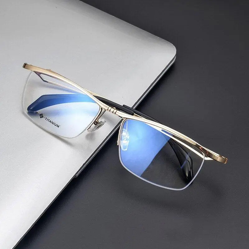 Unisex Rectangular Semi-Rimless Titanium Prescription Glasses T18044 — view 2 | Rx Spectacle