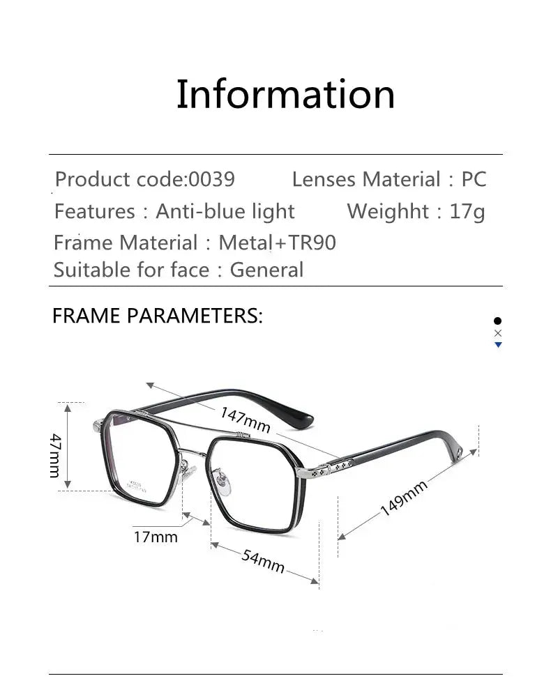 Unisex Square Full Rim Titanium Double Bridge Prescription Glasses 0039 — view 11 | Rx Spectacle
