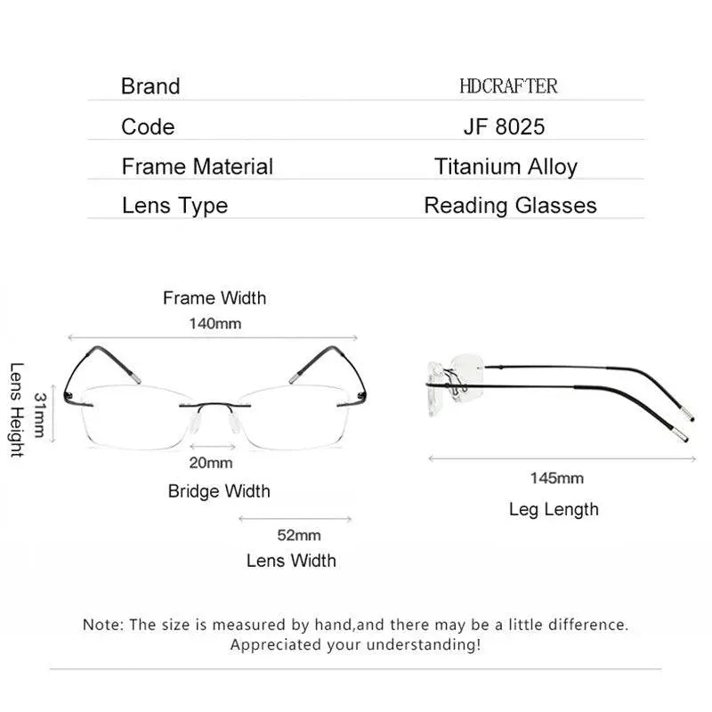Unisex Rectangular Rimless Titanium Reading Glasses 8025 — view 5 | Rx Spectacle