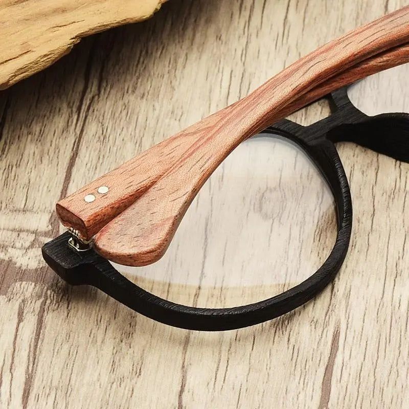 Unisex Round Full Rim Wood Double Bridge Prescription Glasses 7428d — view 3 | Rx Spectacle