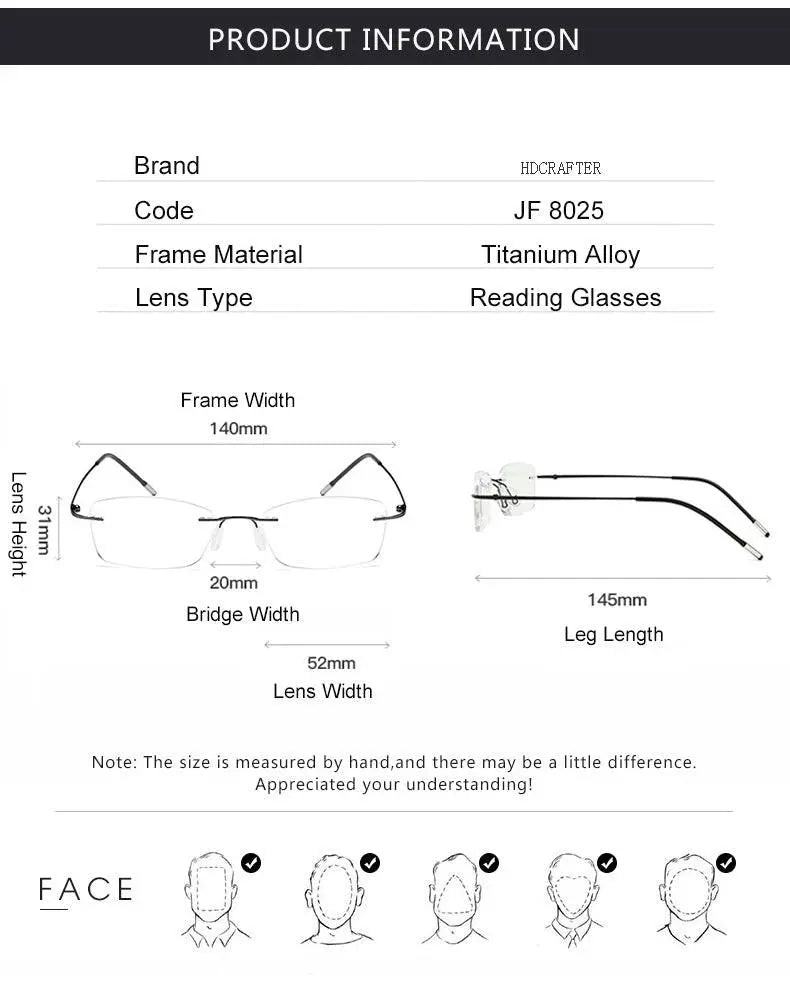 Unisex Rectangular Rimless Titanium Reading Glasses 8025 — view 15 | Rx Spectacle