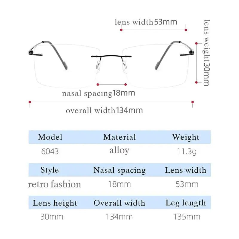 Unisex Rectangular Rimless Alloy Prescription Glasses 6043 — view 7 | Rx Spectacle
