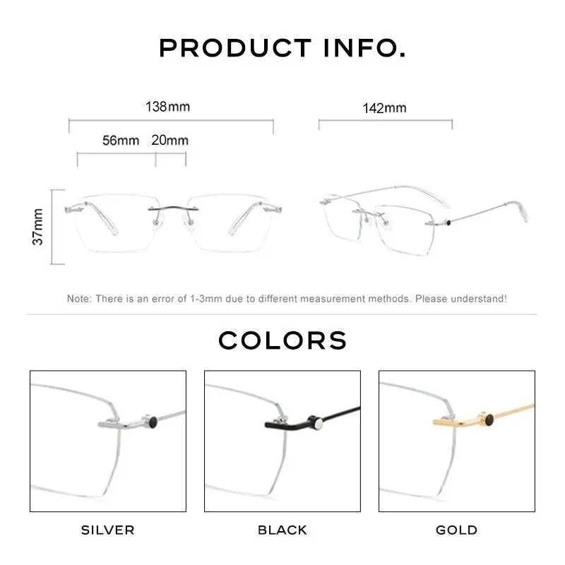Unisex Square Rimless Alloy Prescription Glasses 0621 — view 7 | Rx Spectacle