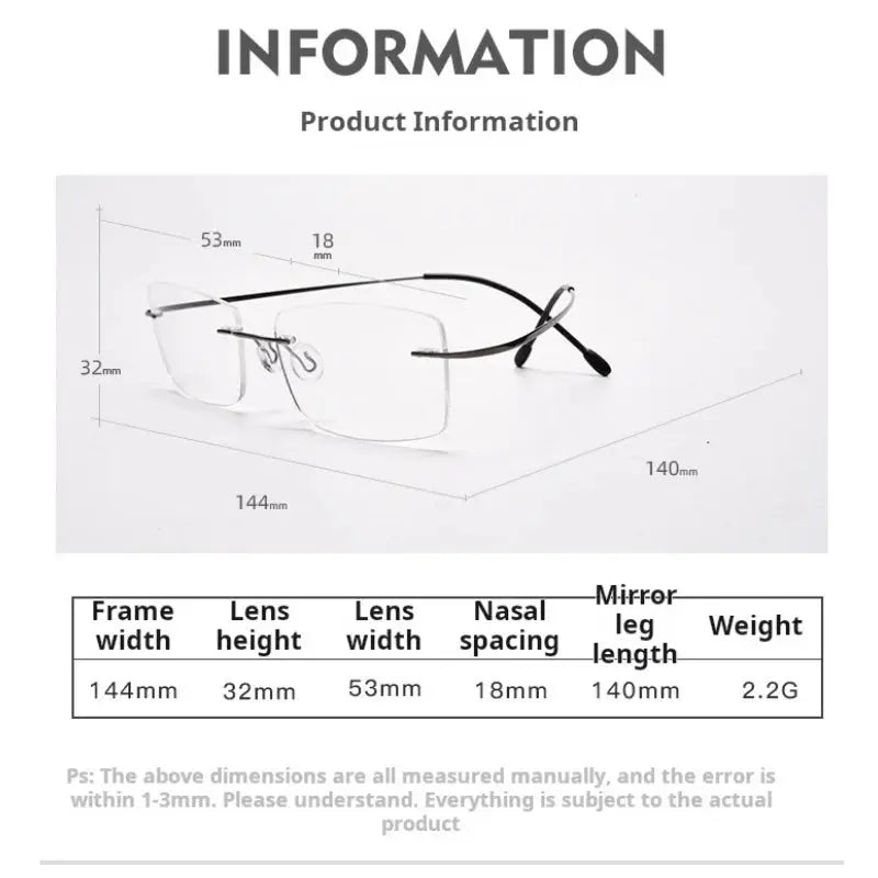 Unisex Square Rimless Titanium Prescription Glasses 20017 — view 2 | Rx Spectacle