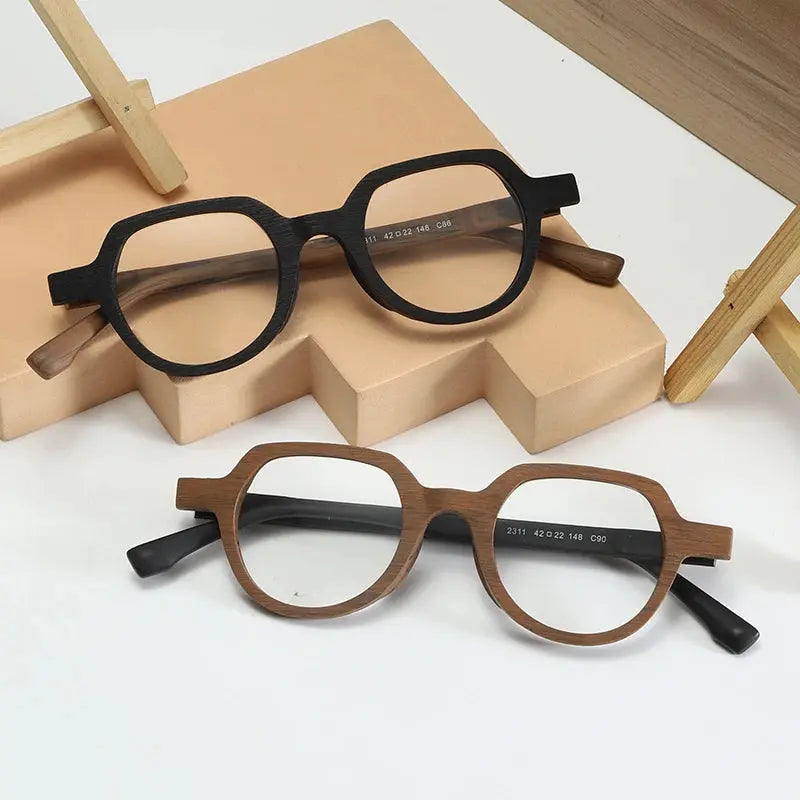 Unisex Round Full Rim Wood Flat Top Prescription Glasses 2311 — view 3 | Rx Spectacle