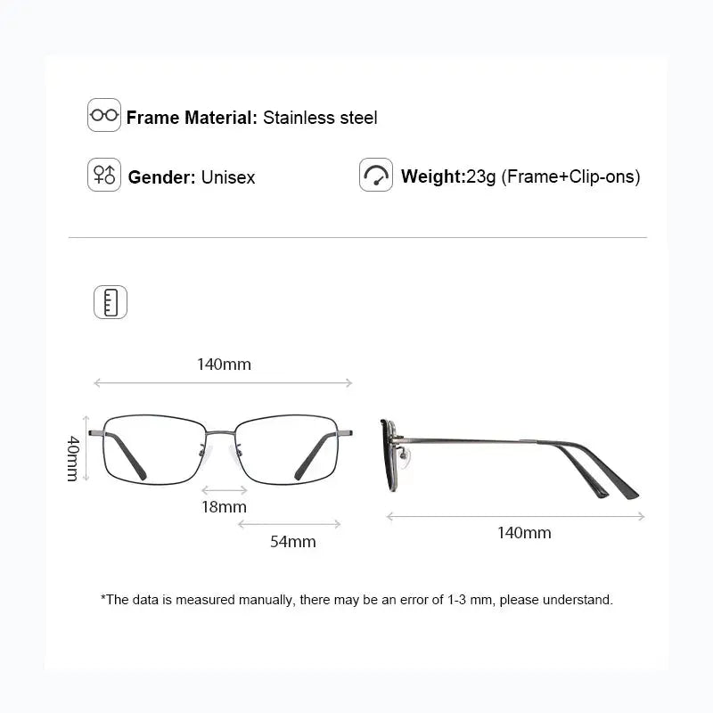 Unisex Square Full Rim Stainless Steel Clip-On Prescription Glasses 700569 — view 2 | Rx Spectacle