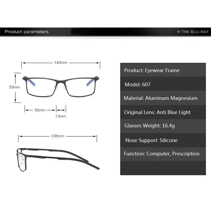 Men's Rectangular Full Rim Aluminum Prescription Glasses 607000 — view 2 | Rx Spectacle