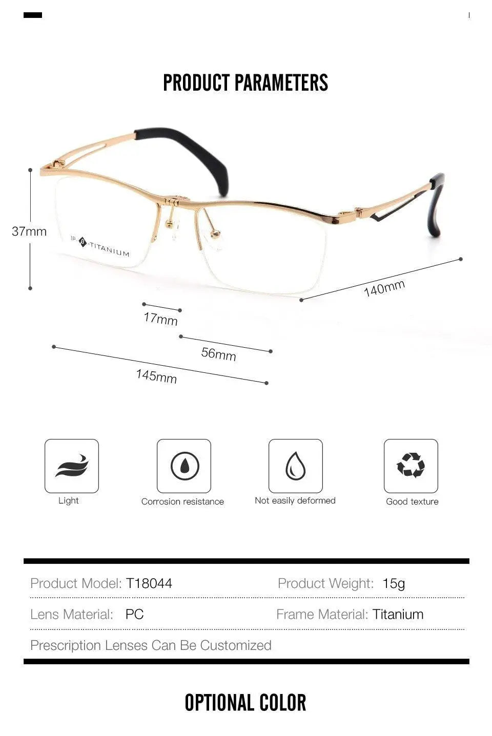 Unisex Rectangular Semi-Rimless Titanium Prescription Glasses T18044 — view 10 | Rx Spectacle