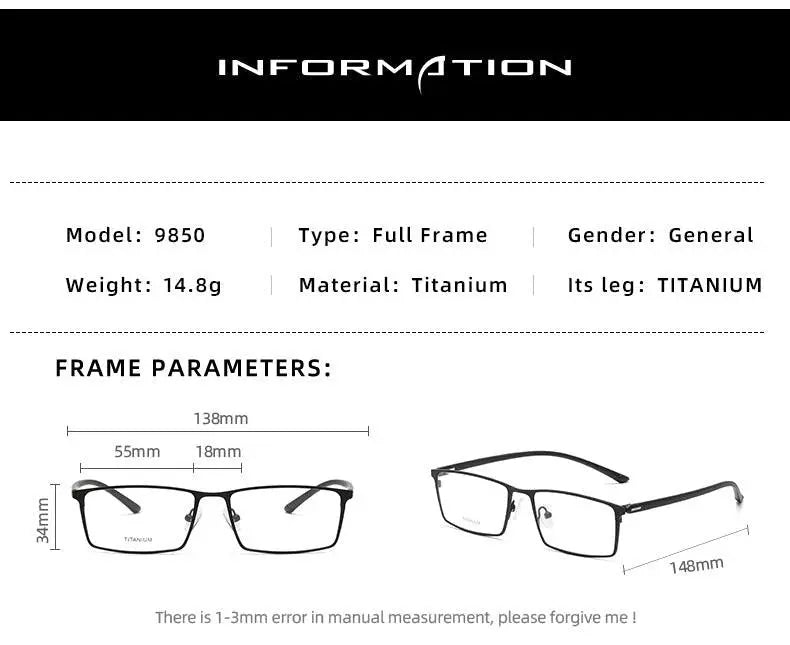 Unisex Square Full Rim Titanium Prescription Glasses P9850 — view 12 | Rx Spectacle