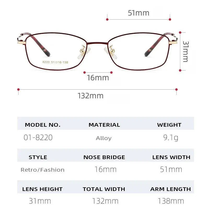 Women's Square Full Rim Alloy Prescription Glasses 8220 — view 9 | Rx Spectacle
