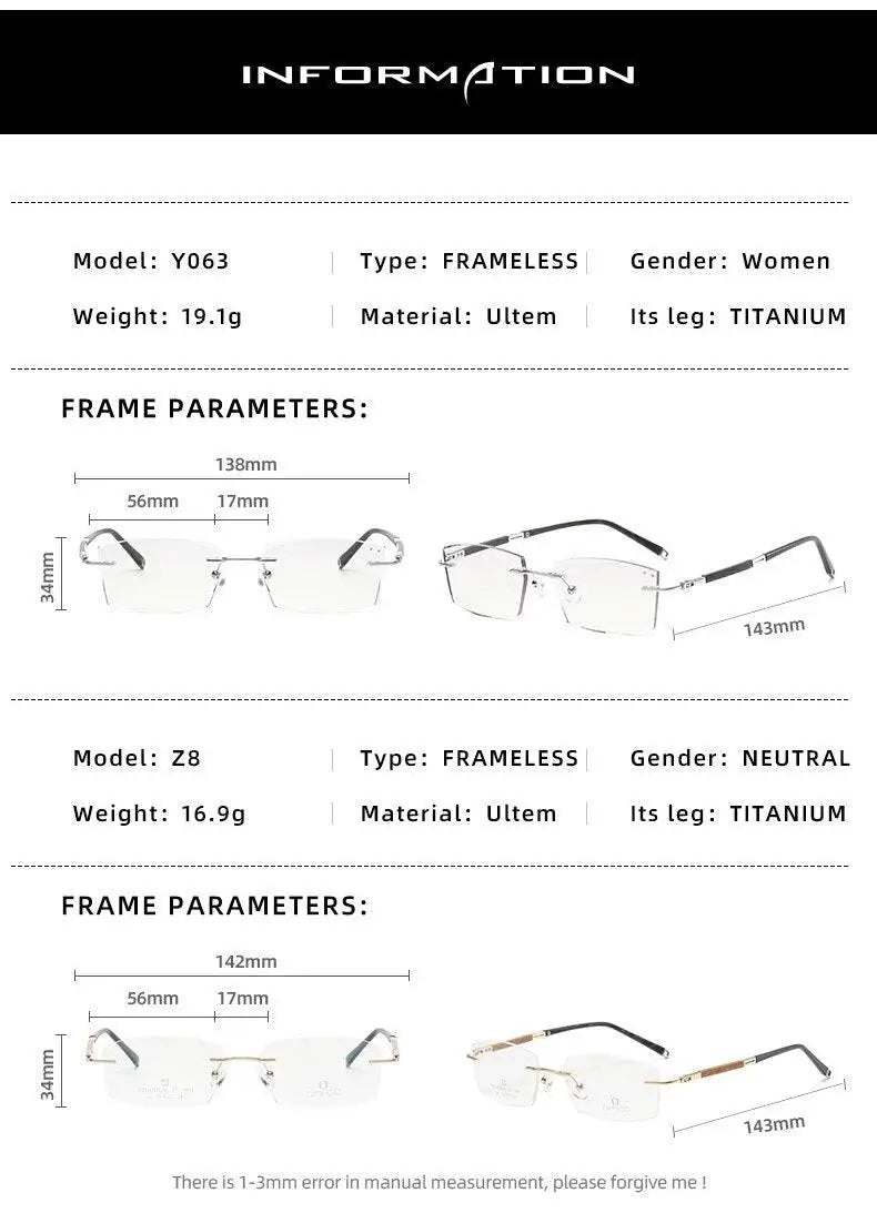 Unisex Square Rimless Titanium Prescription Glasses Y063 — view 13 | Rx Spectacle