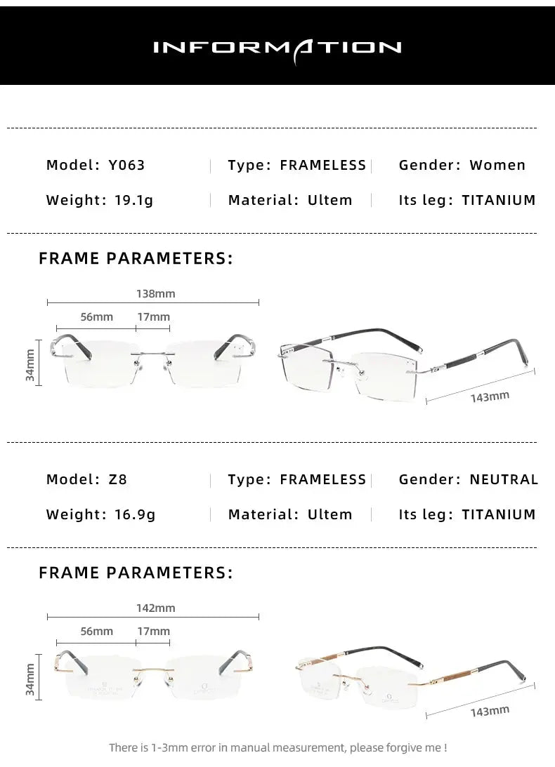 Women's Square Rimless Titanium Prescription Glasses 20631 — view 2 | Rx Spectacle