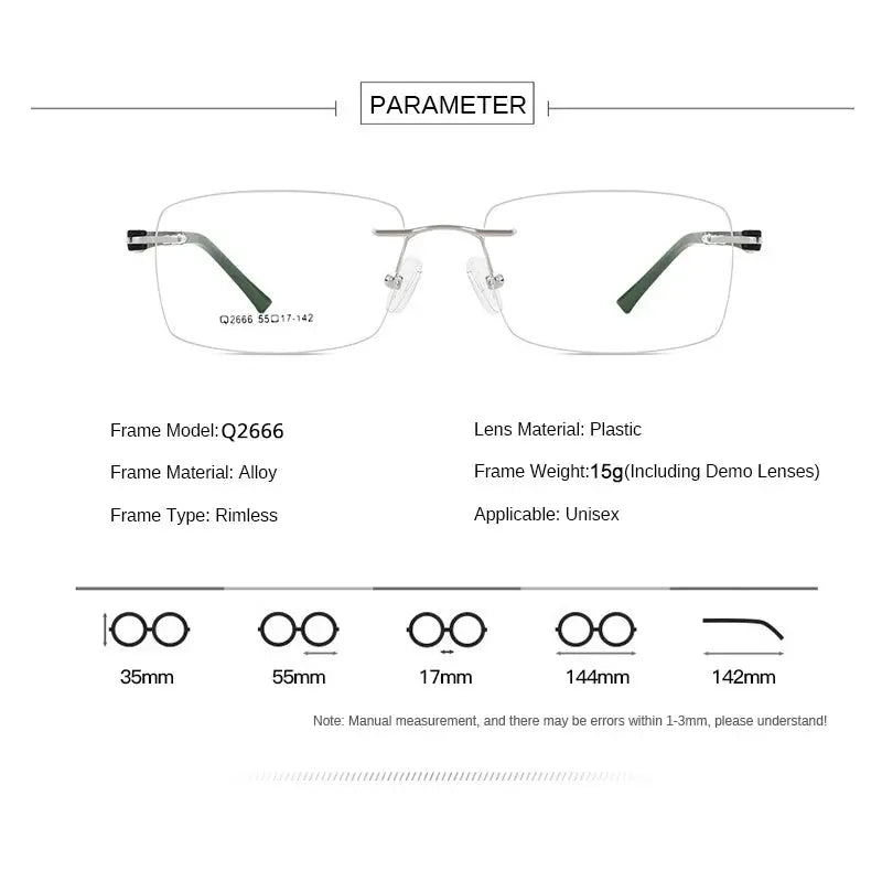Unisex Square Rimless Titanium Prescription Glasses 82666 — view 2 | Rx Spectacle