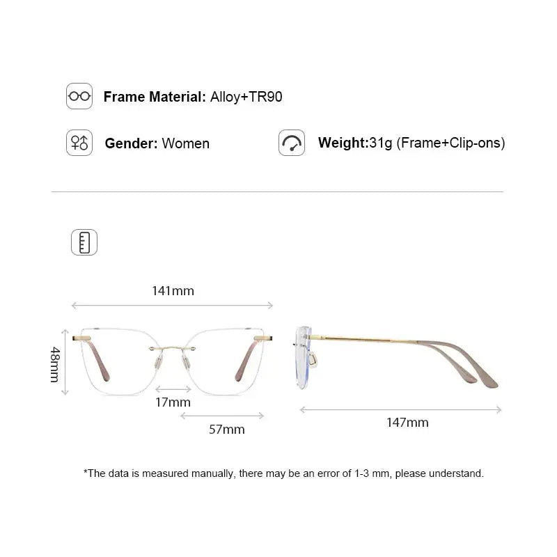 Women's Cat Eye Rimless Alloy Clip-On Prescription Glasses 710529 — view 2 | Rx Spectacle