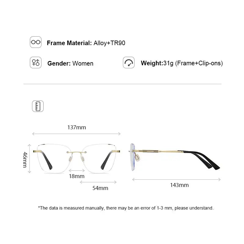 Women's Cat Eye Rimless Alloy Clip-On Prescription Glasses 710729 — view 2 | Rx Spectacle