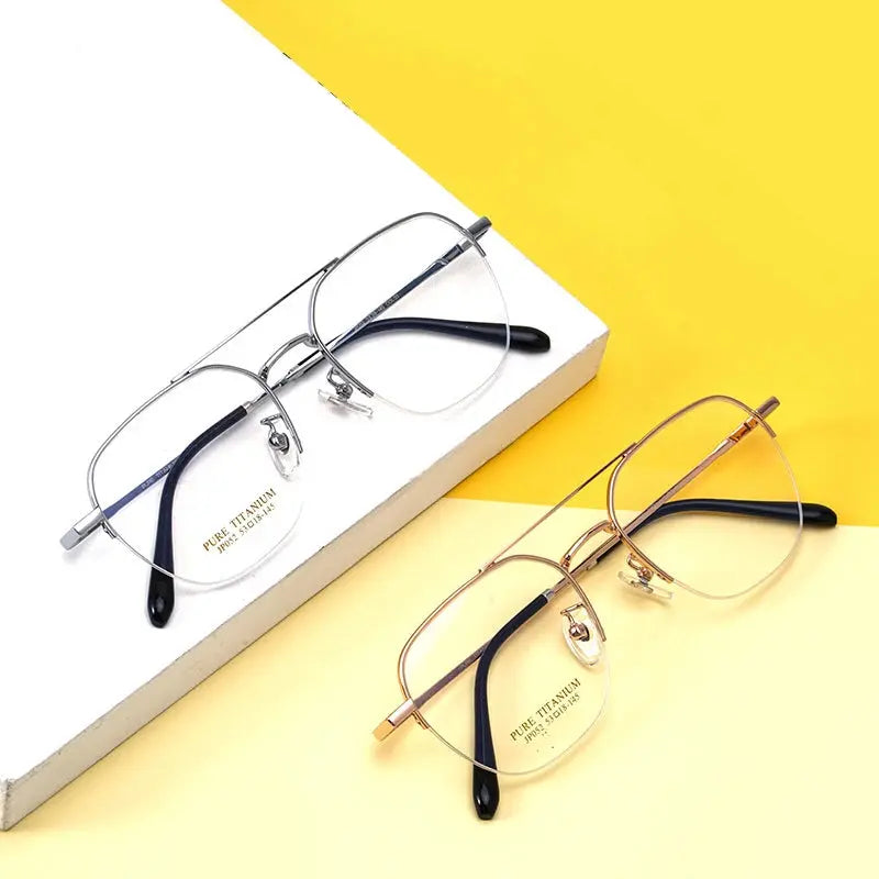 Unisex Square Semi-Rimless Titanium Double Bridge Prescription Glasses P052 — view 2 | Rx Spectacle