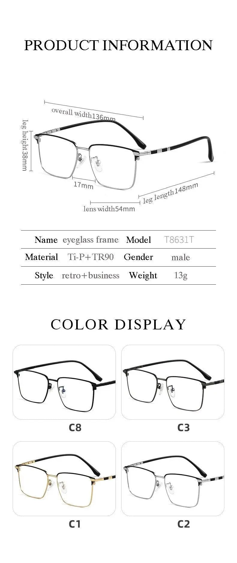 Men's Square Full Rim Titanium Prescription Glasses T8631t — view 6 | Rx Spectacle
