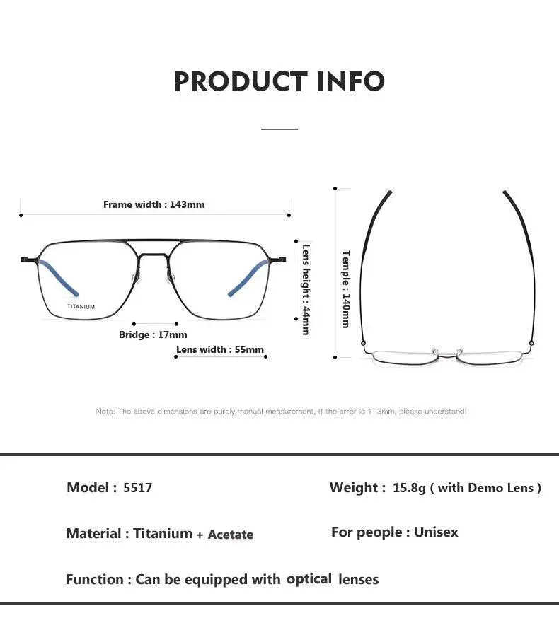 Unisex Square Full Rim Titanium Double Bridge Prescription Glasses 5517 — view 12 | Rx Spectacle