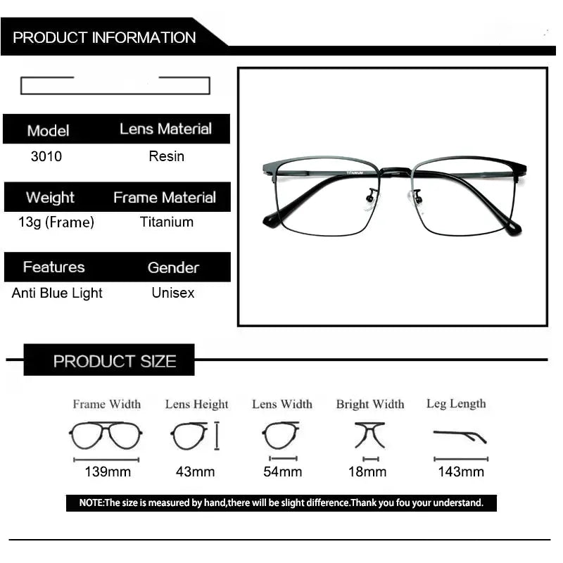 Unisex Square Full Rim Titanium Oversized Prescription Glasses 3010 — view 6 | Rx Spectacle