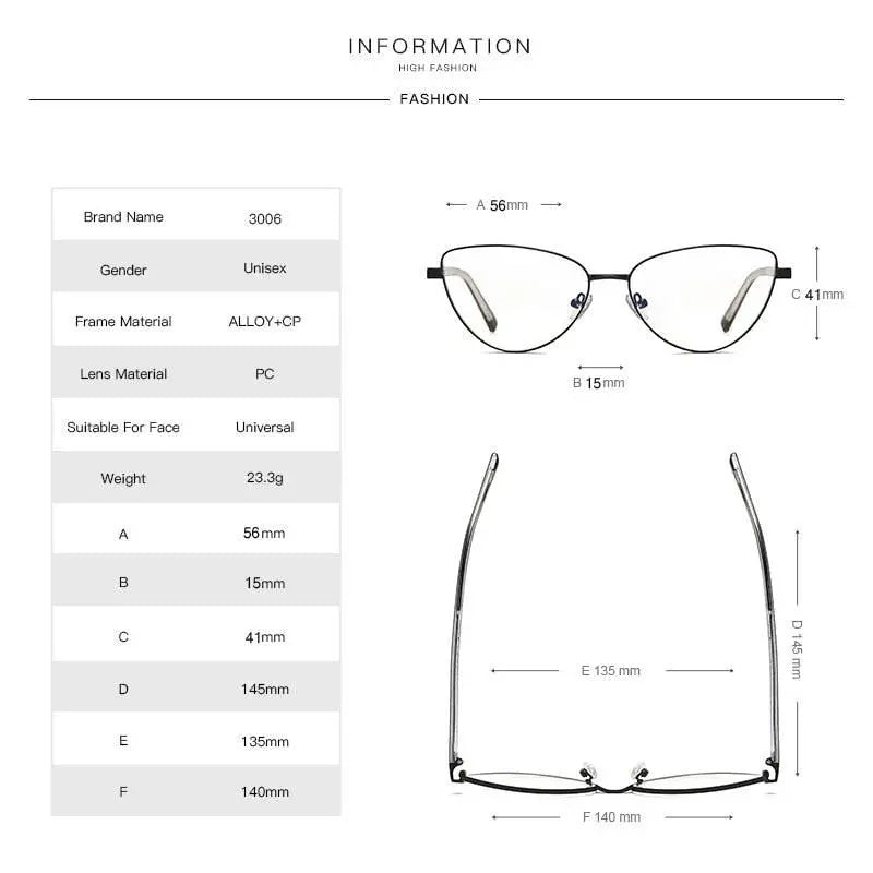 Women's Cat Eye Full Rim Alloy Prescription Glasses 3006 — view 3 | Rx Spectacle