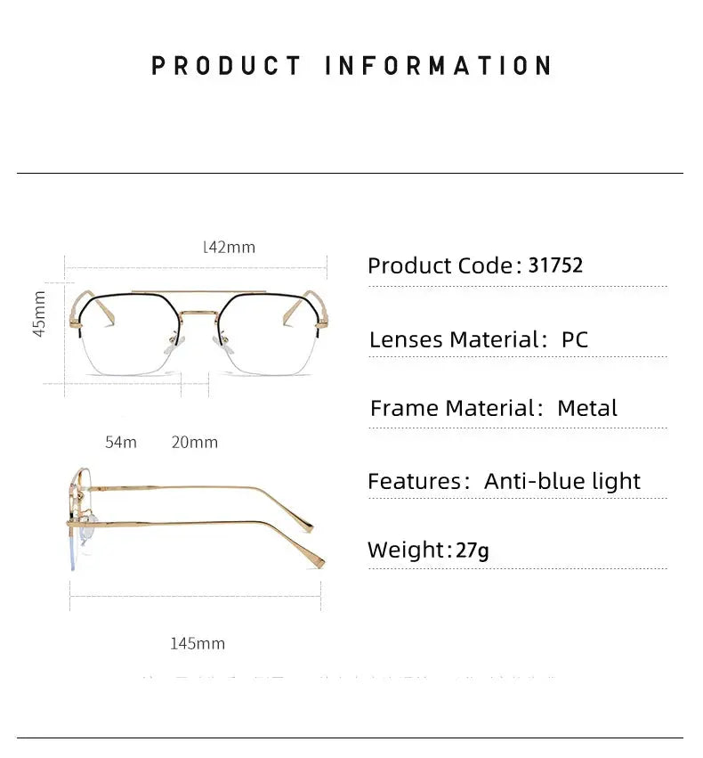 Men's Square Semi-Rimless Alloy Double Bridge Prescription Glasses 31752 — view 8 | Rx Spectacle