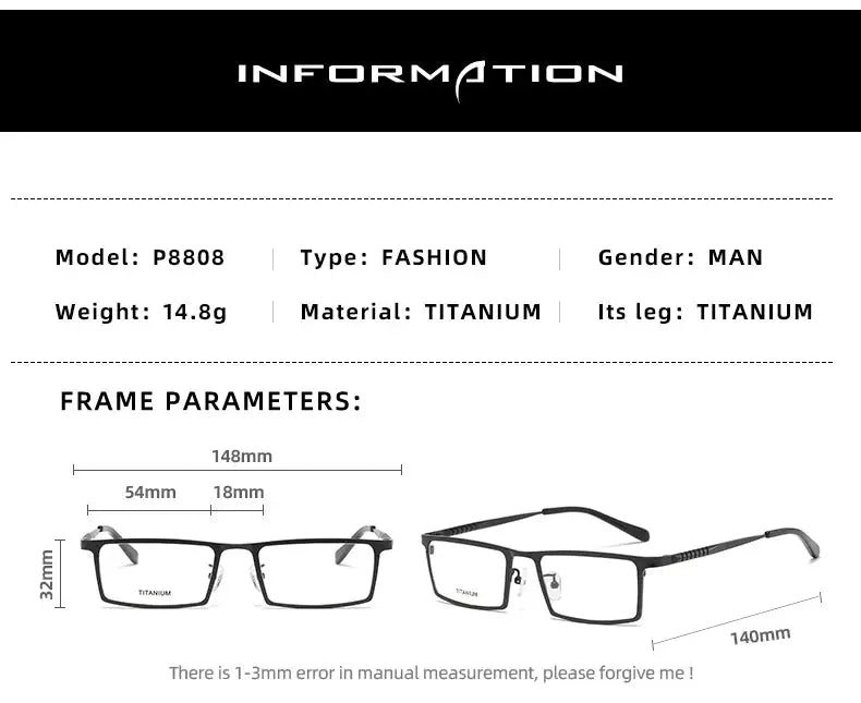 Men's Square Full Rim Titanium Prescription Glasses P8808 — view 18 | Rx Spectacle