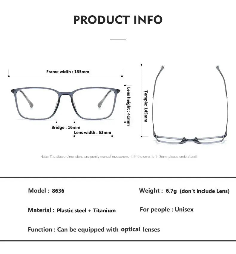 Unisex Square Full Rim Titanium Prescription Glasses 8636 — view 12 | Rx Spectacle