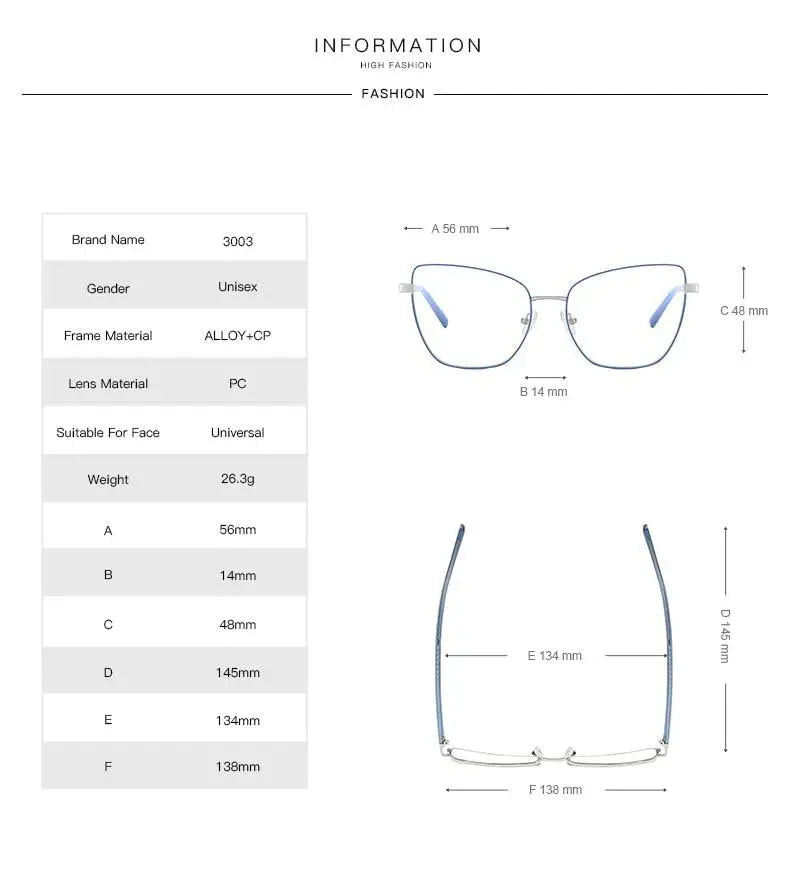 Women's Cat Eye Full Rim Alloy Prescription Glasses 3003 — view 16 | Rx Spectacle