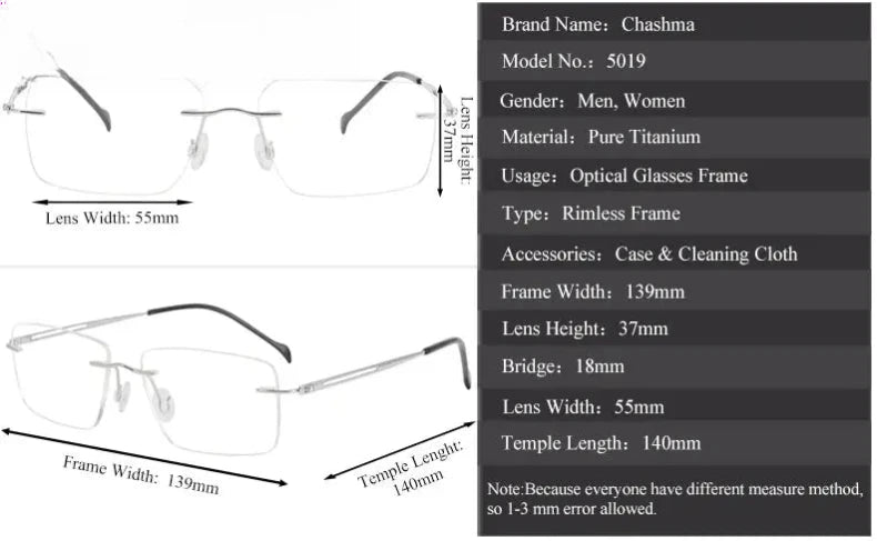 Unisex Square Rimless Titanium Prescription Glasses 875019 — view 4 | Rx Spectacle