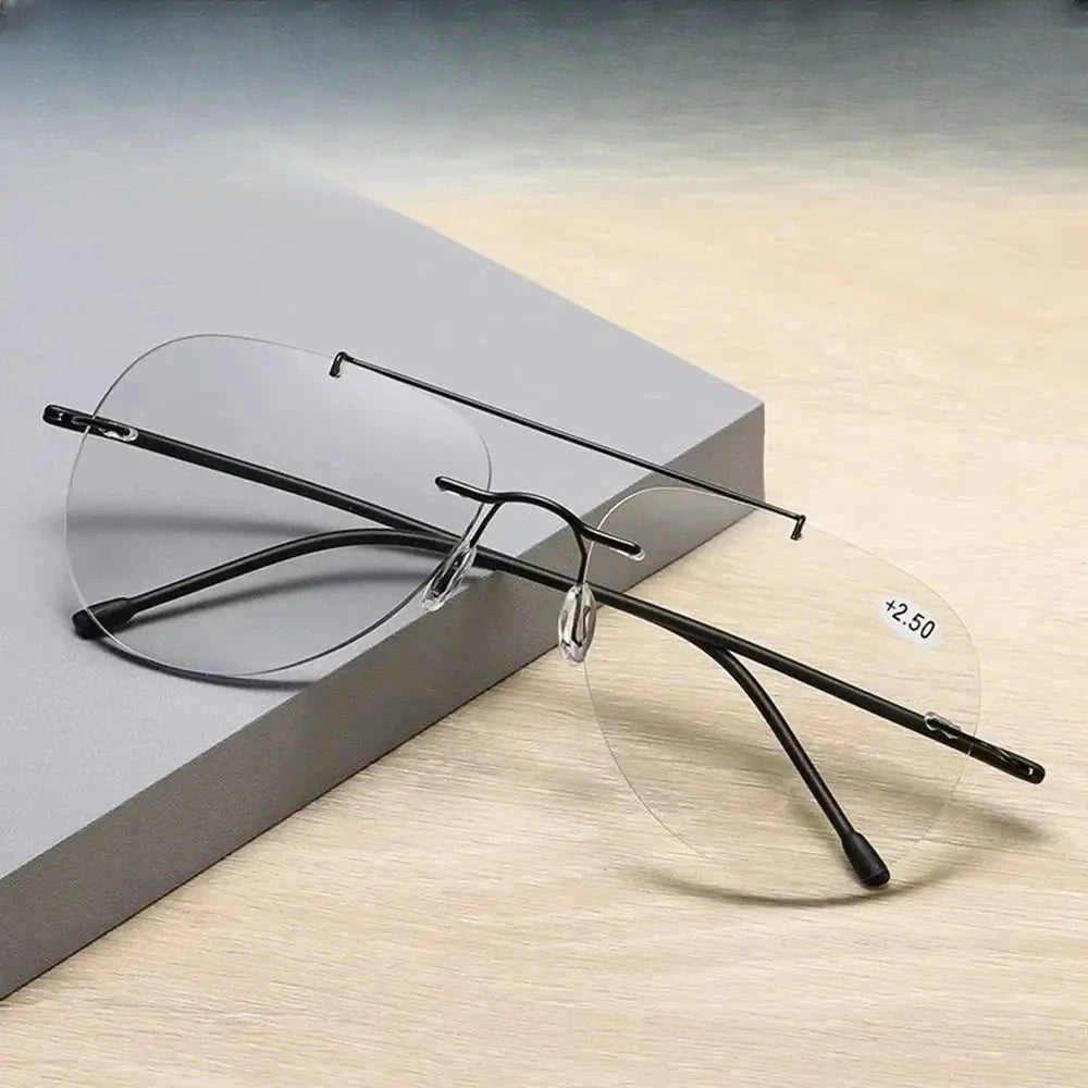 Unisex Oval Rimless Titanium Double Bridge Reading Glasses 9002 — view 1 | Rx Spectacle
