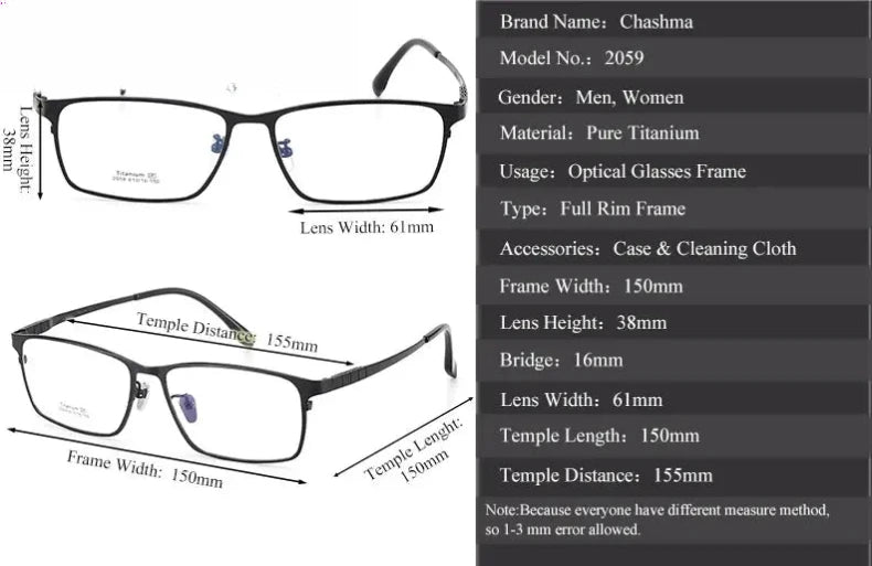 Men's Square Full Rim Titanium Oversized Prescription Glasses 20597 — view 2 | Rx Spectacle