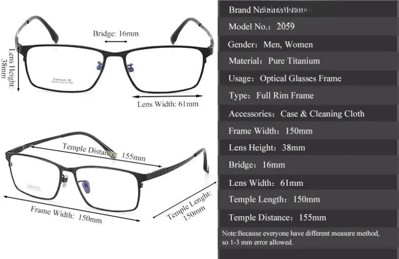 Men's Square Full Rim Titanium Oversized Prescription Glasses 20597 — view 2 | Rx Spectacle