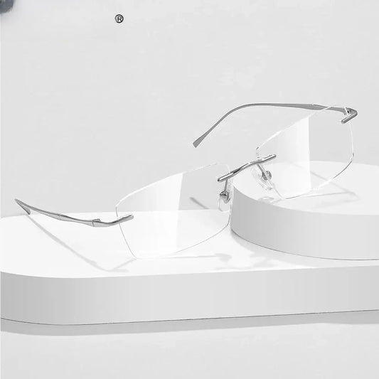 Unisex Rectangular Rimless Titanium Reading Glasses V6032 — view 1 | Rx Spectacle