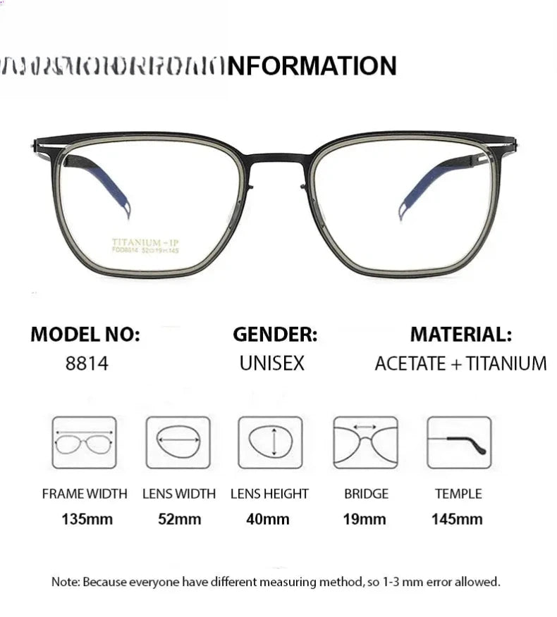 Unisex Square Full Rim Titanium Prescription Glasses 8814 — view 9 | Rx Spectacle