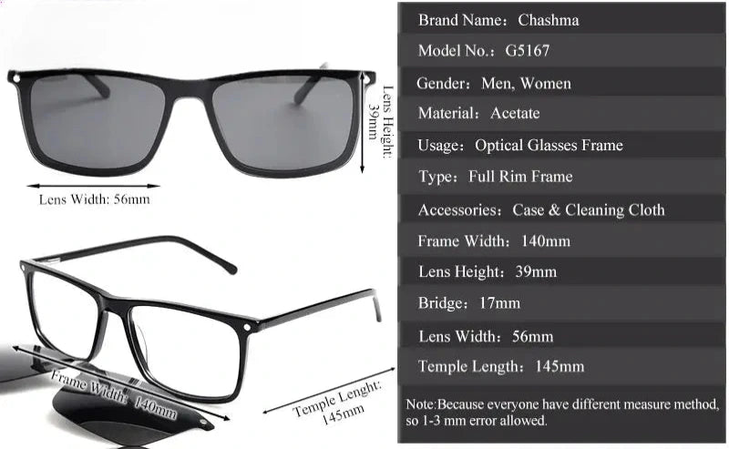 Unisex Square Full Rim Acetate Clip-On Prescription Glasses — view 2 | Rx Spectacle