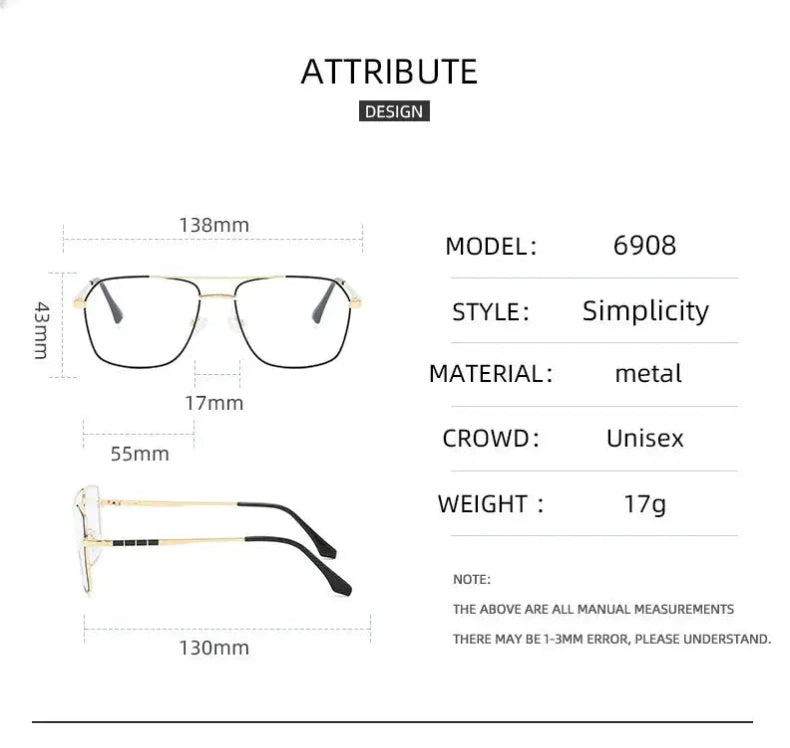Unisex Square Full Rim Alloy Double Bridge Reading Glasses 6908 — view 12 | Rx Spectacle